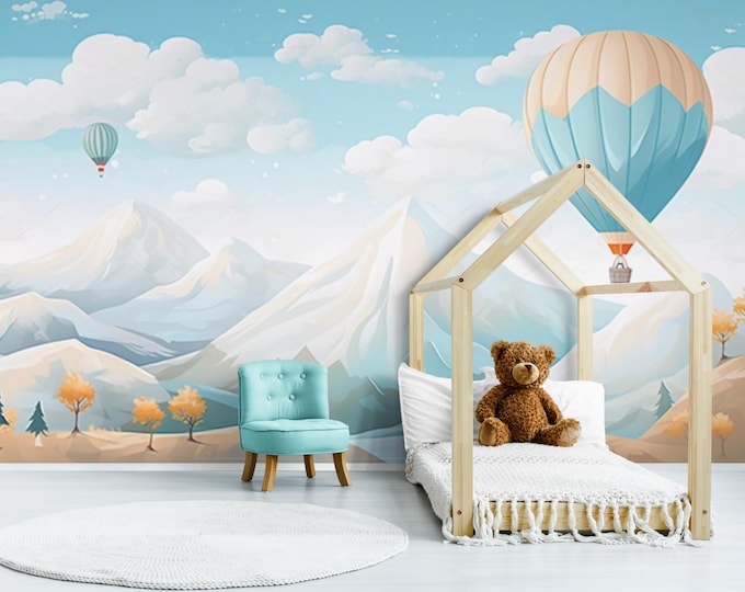 Air Balloons and Mountains Child Room Wallpaper, Colorful Sky and Clouds Nursery Peel And Stick Wall Mural Child and Baby Room Wall