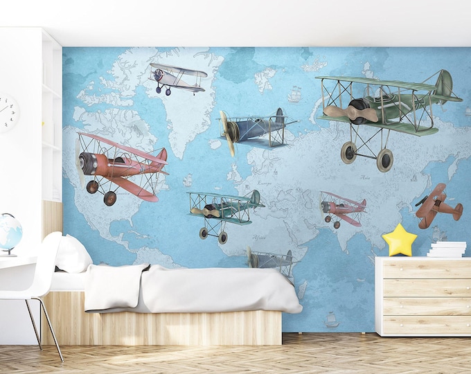 Nursery World Map and Plane Wallpaper  Child Room  Wall Mural  Baby Room Decoration (CR3)