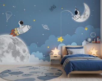 Space-Themed Peel and Stick Wallpaper for Boys Room – Astronaut Rocket Moon Removable Wall Mural, Kids Bedroom Decor