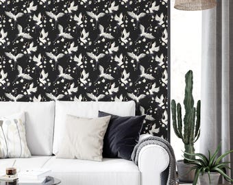 Elegant Japanese Crane Wallpaper, Dark Chinoiserie Mural, Moody Bird and Blossom Accent,  Living Room Wall Decor, Removable Peel & Stick