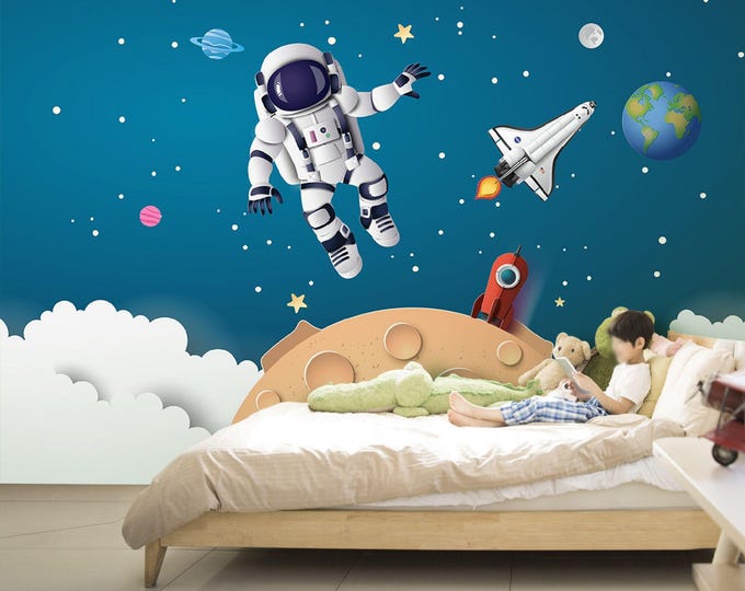 Astronaut Kids Room Wallpaper, Space Theme Peel And Stick Kids Wall Mural, Removable Wallpaper, Fabric Textile, Modern Home Decoration
