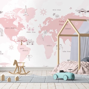 Papel de parede personalizado com mapa-múndi rosa para quarto infantil, autoadesivo para berçário ou quarto de criança, mural de parede autoadesivo para quarto de menina.