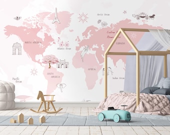 Custom Size Pink World Map Children's Room Wallpaper, Peel and Stick Nursery or Kids Room Wallpaper, Self Adhesive Girl Room Wall Mural,