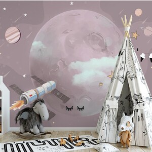 Weltraum Planet Kinderzimmer Tapete, Sternenhimmel Wandbild, Schälen und Aufkleben oder Traditionelles Wandbild, Abstraktes Kinderzimmer oder Spielzimmer Wandbild,