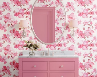 Watercolor Cherry Blossom Wallpaper, Pink Floral Wall Mural, Painterly Flower Art, Romantic Bedroom Accent, Removable Peel & Stick