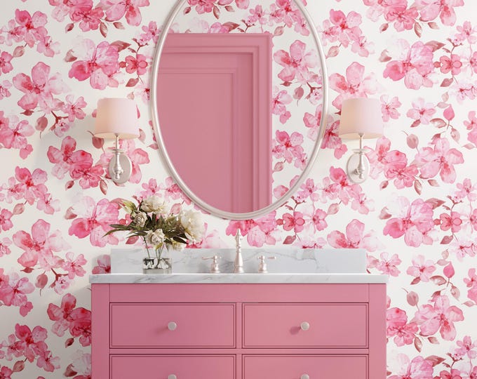 Watercolor Cherry Blossom Wallpaper, Pink Floral Wall Mural, Painterly Flower Art, Romantic Bedroom Accent, Removable Peel & Stick