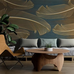 Feathers Wallpaper, Natural Wall Mural, Peel and Stick or Traditional Wallpaper, Removable Peel and Stick Wallpaper, Gold Floral Wallpaper