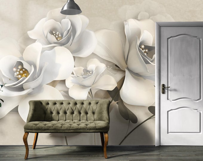 Elegant Creamy White Flower Wallpaper with Pearl Centers, Large Scale Floral Mural on Soft Beige, Modern Accent Wall Decor, Peel and Stick