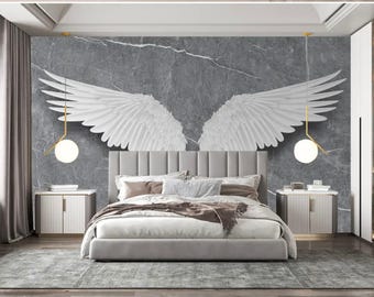 Marble Style Angel Wings Wallpaper Mural, Beautiful Wallpaper Wall Mural for Living Room,  Bedroom Entryway or Cafe