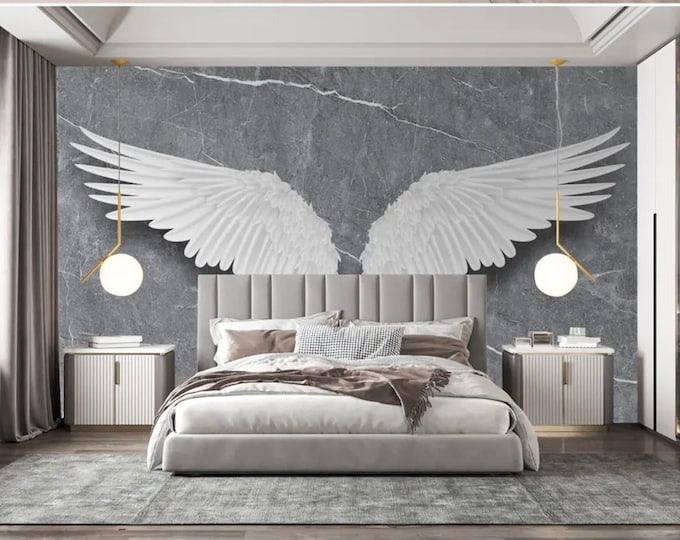 Marble Style Angel Wings Wallpaper Mural, Beautiful Wallpaper Wall Mural for Living Room,  Bedroom Entryway or Cafe