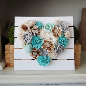 Beach Inspired Mini Wood Flower Heart Board, Sola Wood Flowers, Hearts, Beachy Home Decor, Teal and Aqua, Wedding Decor, Beach Wedding