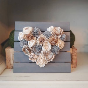 Neutral Wood Flower Mini Heart Board, Sola Wood Flowers, Farmhouse Style, Housewarming Gift, Wedding Decor, Nursery Decor, Rustic Home Decor