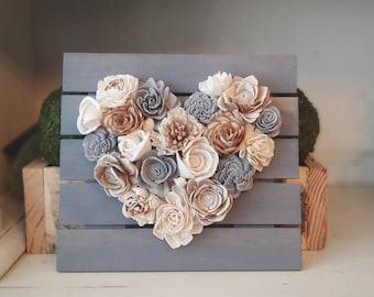 Neutral Wood Flower Mini Heart Board, Sola Wood Flowers, Farmhouse Style, Housewarming Gift, Wedding Decor, Nursery Decor, Rustic Home Decor