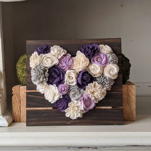 Purple and Gray Mini Wood Flower Heart Board, Sola Wood Flowers, Rustic Home Decor, Purple Wedding Decor, Purple Nursery Decor, Purple Decor