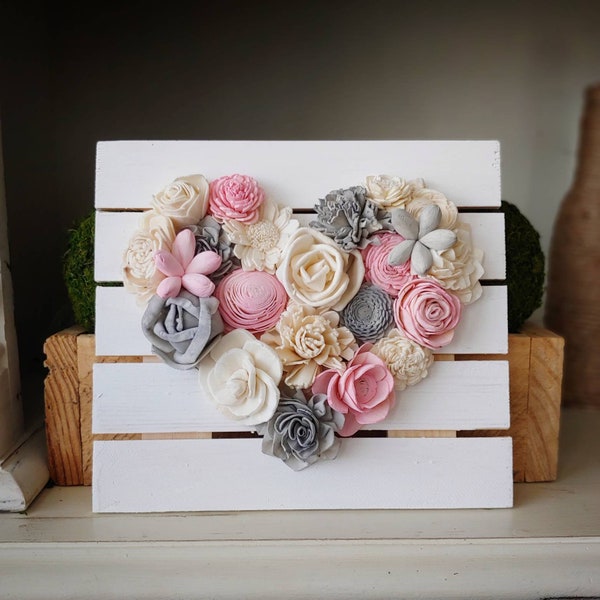 Pink and Gray Mini Wood Flowers Heart Board, Sola Wood Flowers, Baby Girl Nursery, Wedding Decor, Housewarming Gift, Hearts, Valentines Day