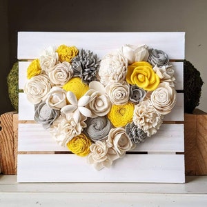 Yellow and Gray Mini Wood Flower Heart Board. Sola Wood Flowers, Rustic Home Decor, Yellow and Gray Decor, Hearts, Floral Wall Art, Wedding