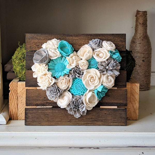 Teal and Gray Mini Wood Flower Heart Board, Sola Wood Flowers, Rustic Home Decor, Nursery Decor, Housewarming Gift, Wedding Decor, Farmhouse
