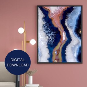 Navy Blue, White, and Pink Agate Geode Printable Wall Art, Geode Home Decor, Agate Art Print, Agate Wall Art, Geode Art Digital Download