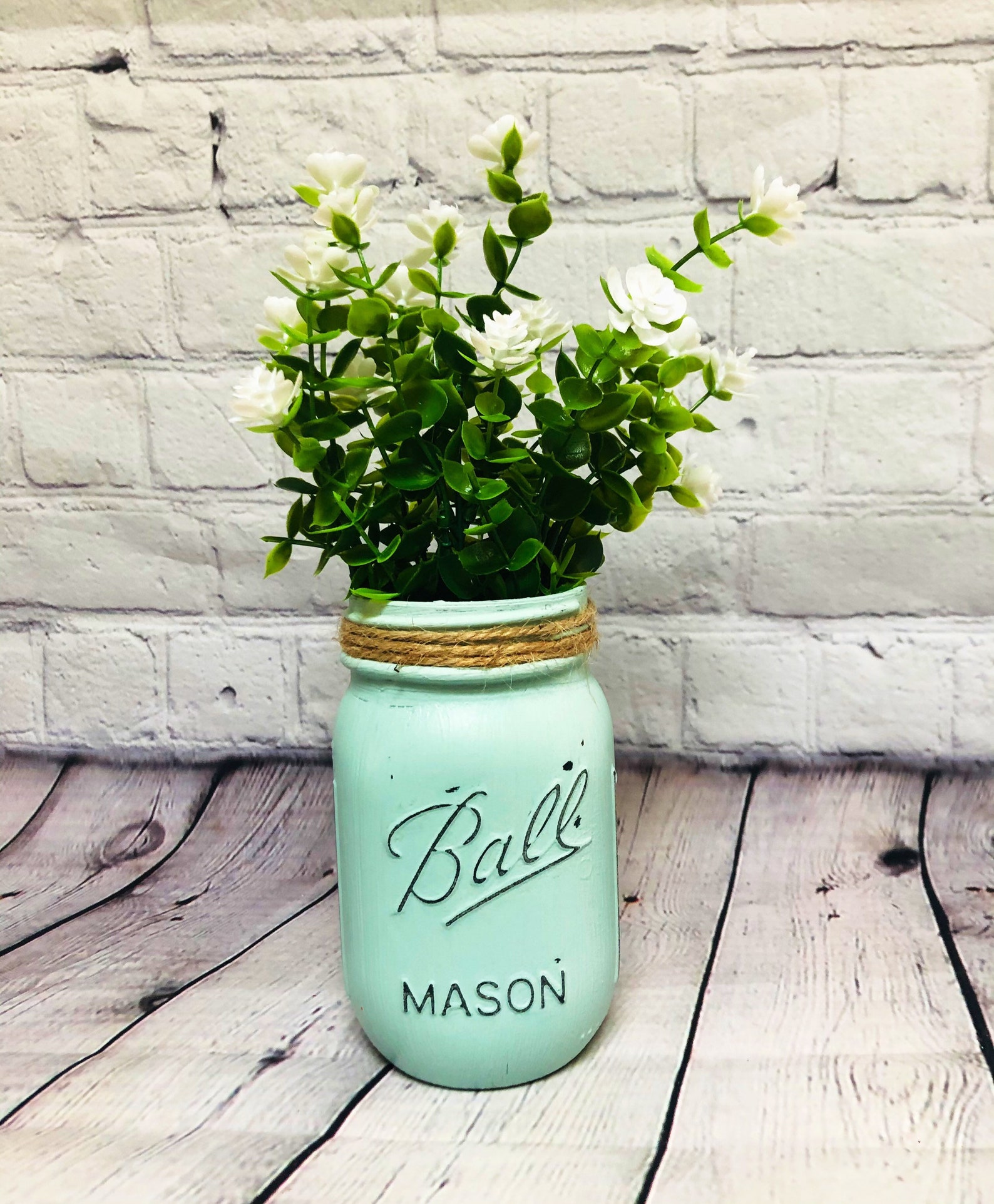 Painted Mason Jar filled with Eucalyptus & White Flowers Etsy