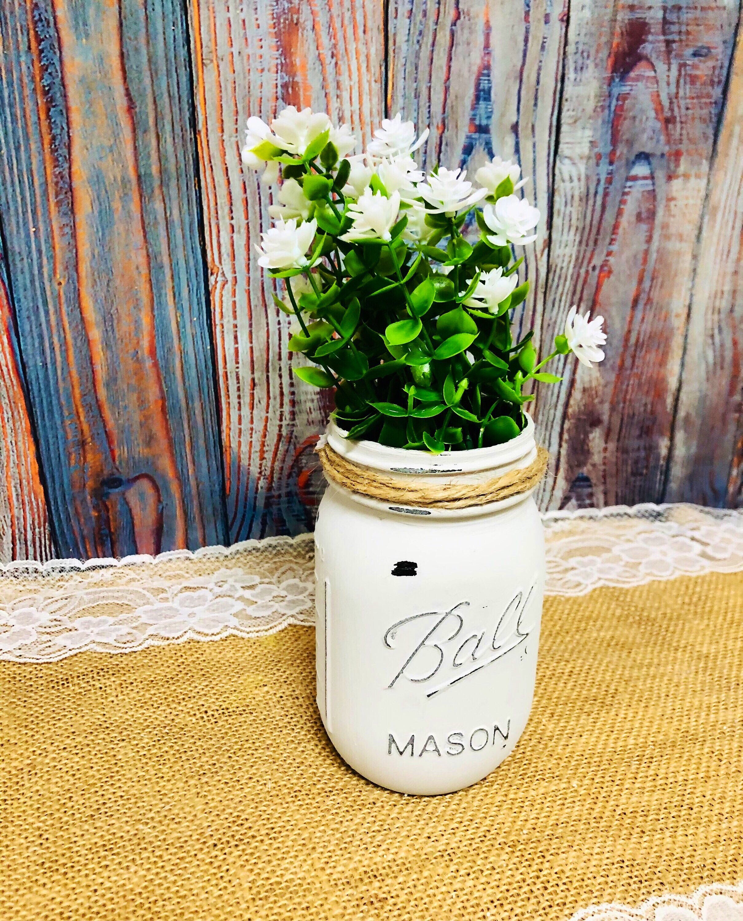 Painted Mason Jar filled with Eucalyptus & White Flowers Etsy