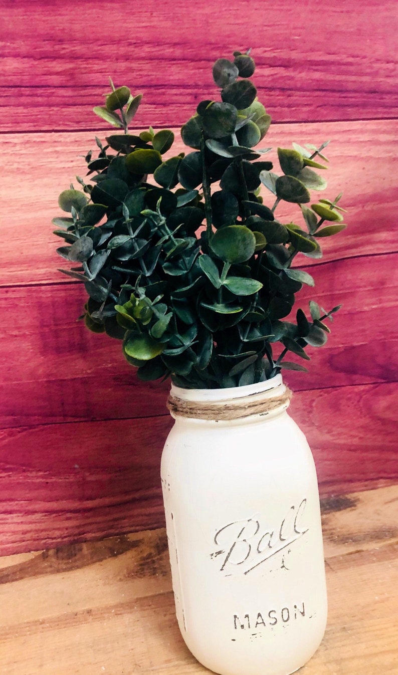 Ivory Painted Mason Jar Artificial Eucalyptus Plant Farmhouse Etsy
