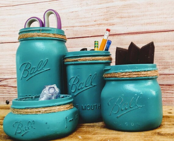 Mason Jar Desk Set Green Mason Jar Set Desk Accessories Etsy