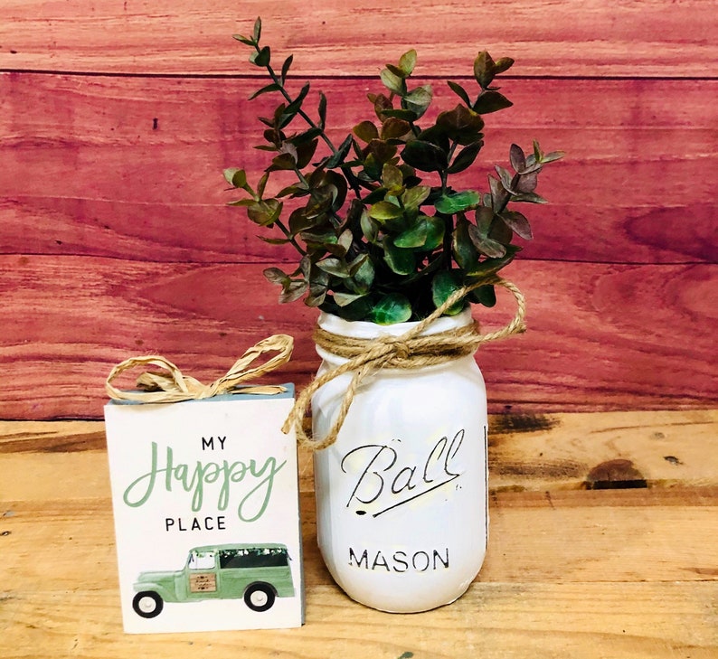 Painted Mason Jar filled with artificial Eucalyptus Farmhouse Etsy