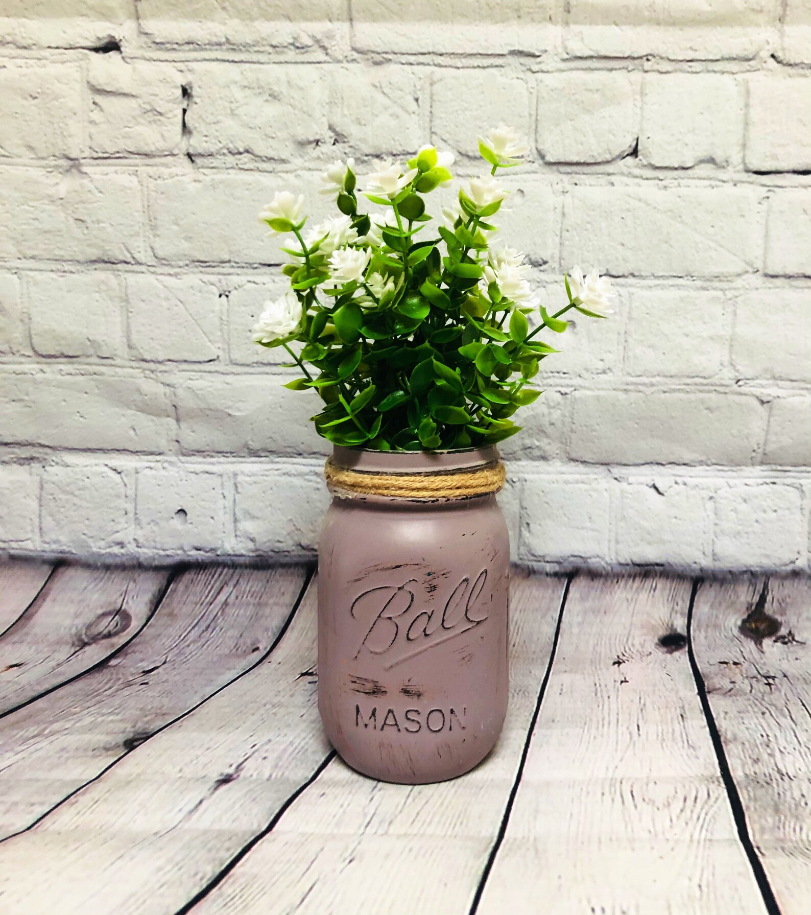 Painted Mason Jar filled with Eucalyptus & White Flowers Etsy