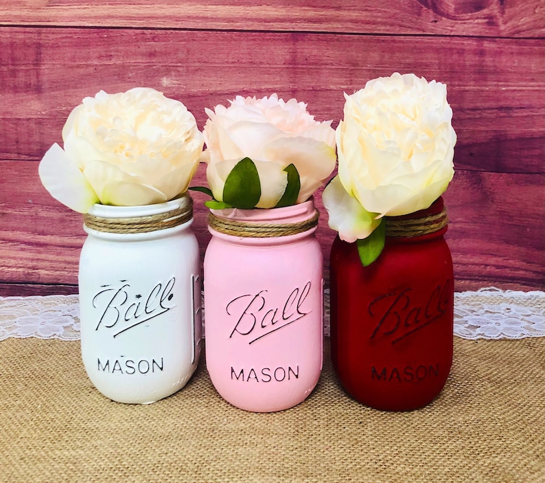 Valentines Mason Jars Valentines Day Decor Pink Red White Mason Jars Rustic Valentine Day Decor