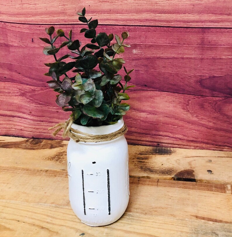 Painted Mason Jar filled with artificial Eucalyptus Farmhouse Etsy
