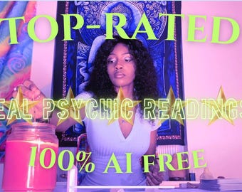 May include: Image features a woman with long dark hair, in front of a pink and blue background. Text overlay reads "TOP-RATED REAL PSYCHIC READINGS 100% AI FREE". A lit candle is in the foreground, with star graphics.