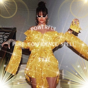 Op de afbeelding: Een vrouw in een sprankelende gele jurk met de tekst "POWERFUL PURE CONFIDENCE SPELL". De jurk heeft lange mouwen en een sweetheart halslijn. De afbeelding heeft een heldere, glamoureuze uitstraling.