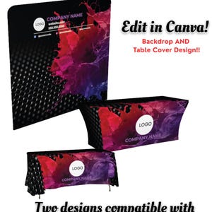 May include: A trade show backdrop template bundle featuring a black, red, and purple abstract design. The bundle includes a backdrop and table cover design, both customisable in Canva. The text reads "Edit in Canva!" and "Two designs compatible with multiple sizes!"