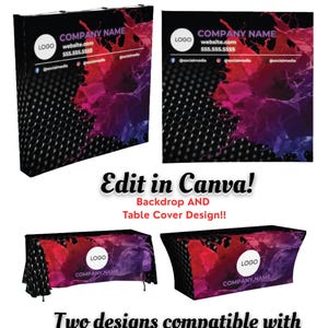 May include: A bundle of trade show pop-up backdrop templates. The designs feature a black background with a splash of pink, red, and purple. The templates include space for a company logo, website, phone number, and social media handles. Text on the image says "Edit in Canva!" and "Two designs compatible with multiple sizes!"
