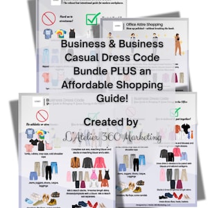 May include: A stack of three informational guides on business and business casual dress codes. The guides include illustrations of acceptable and unacceptable attire, with the text "Business & Business Casual Dress Code Bundle PLUS an Affordable Shopping Guide!"