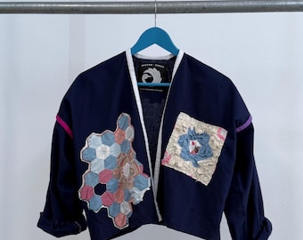 Linen blue jacket cropped antique grandma quilt design