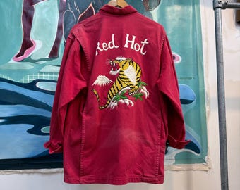 Reworked red hot! canvas utility Jacket  Embroidered Tiger Souvenir XL