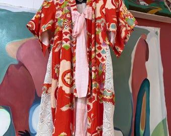 One-of-a-Kind Handmade Kimono Wrap – Vintage Crane Print, Pink Bow, and Lace Detail
