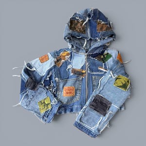 Peut inclure: Veste en jean patchwork à capuche, composée de différents tons de denim bleu et de pièces de tissu camouflage. La veste est zippée et présente des coutures blanches apparentes. Une étiquette de la marque Levi's est visible.
