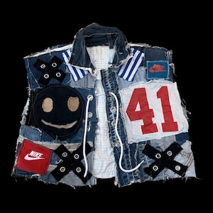Denim handmade distressed patchwork vest waistcoat