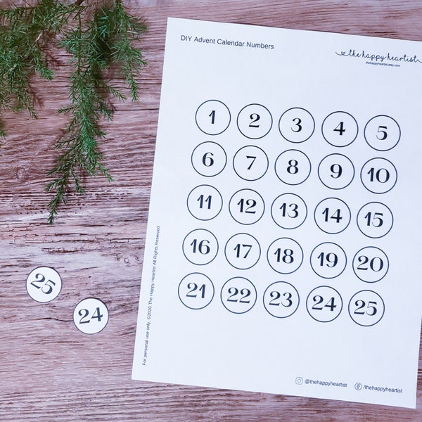 Printable Advent Calendar Numbers, Christmas Countdown Numbers, 1" Numbers 1-25, INSTANT DOWNLOAD