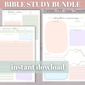 Könnte beinhalten: Druckbare Bibelstudienvorlagen in einem Bundle. Die Vorlagen sind in Pastellfarben mit einem Farbkonzept in Rosa, Grün und Blau gehalten. Die Vorlagen beinhalten Abschnitte für die Kapitelzusammenfassung, Predigtnotizen und Bibelnotizen.