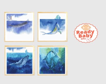 Conjunto de 4 estampas de baleias, oceano, mar, DOWNLOAD DIGITAL, decoração de berçário, arte de parede de berçário, decoração moderna de berçário, estampas de animais 8x10 para berçário