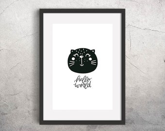 Nursery Wall Art - Hello World Cat Digital print, Printable print, Printable illustration, 8x10 Wall Art, Instant download