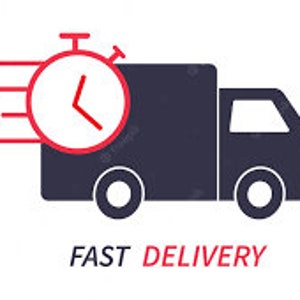 May include: A red stopwatch icon on top of a grey delivery truck with a white background. The truck is moving quickly, indicated by red lines behind it. The text "FAST DELIVERY" is below the truck.