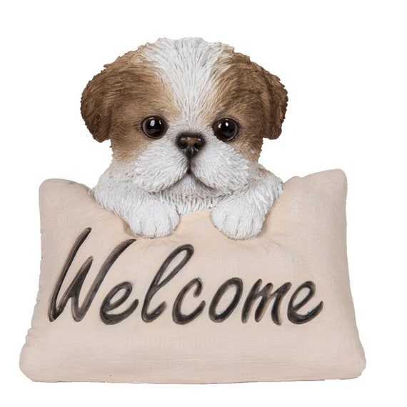 Shih Tzu Teacup Holding Welcome Sign Statue Realistic Garden Shih Tzu Teacup Holding Welcome Sign, Shih Tzu Garden Ornaments Uk