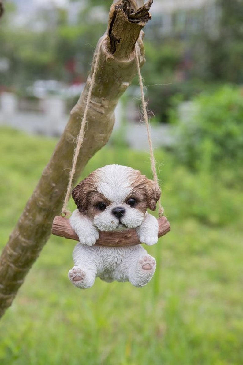 Shih Tzu Realistic Lifelike Figurine Hanging Shih Tzu Puppy Statue For Home and Garden Decor
