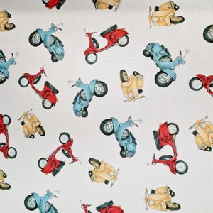 Fabric cotton &quot;Motor scooter&quot; colorful ecru digital print linen look
