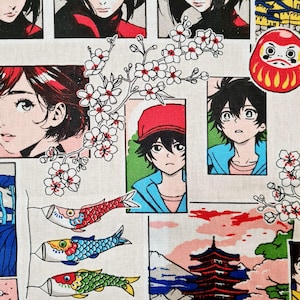 May include: A white fabric with a colourful Japanese-themed print. The print features cherry blossoms, koi fish, a pagoda, and anime-style characters.