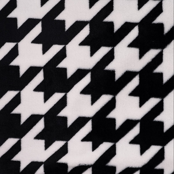 Fabric sold by the meter soft plush "houndstooth" black white Pepita large wellness fleece